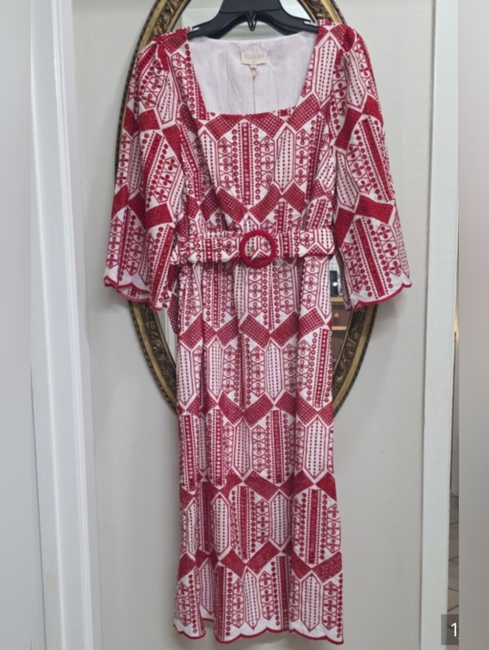 Ciebon Red White Embroidered Eyelet Belted Women's Dress Size Medium